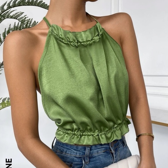 Green satin open back halter top - Picture 5 of 5